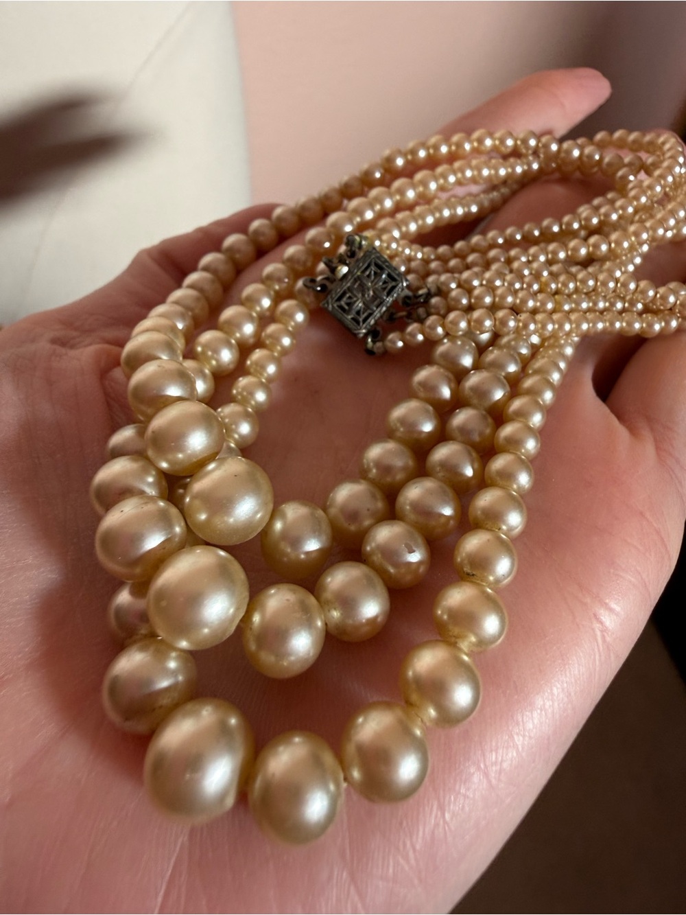 Antique Art deco 3 strand graduated glass pearl sterling silver Choker necklace
